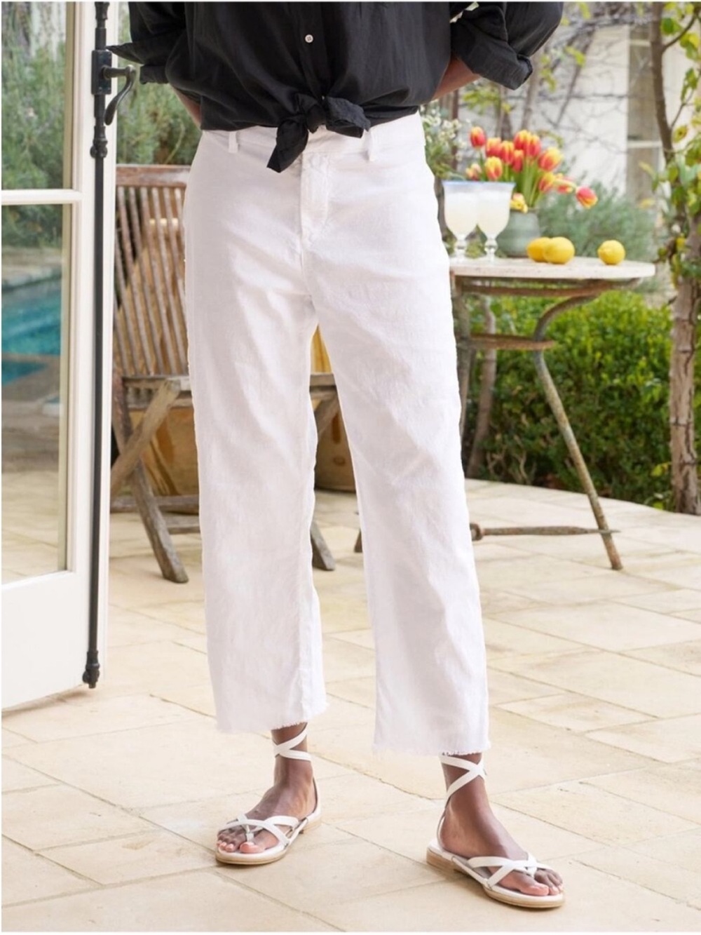 Frank and Eileen Kinsale Italian Performance Linen White Cropped Raw Hem Pants